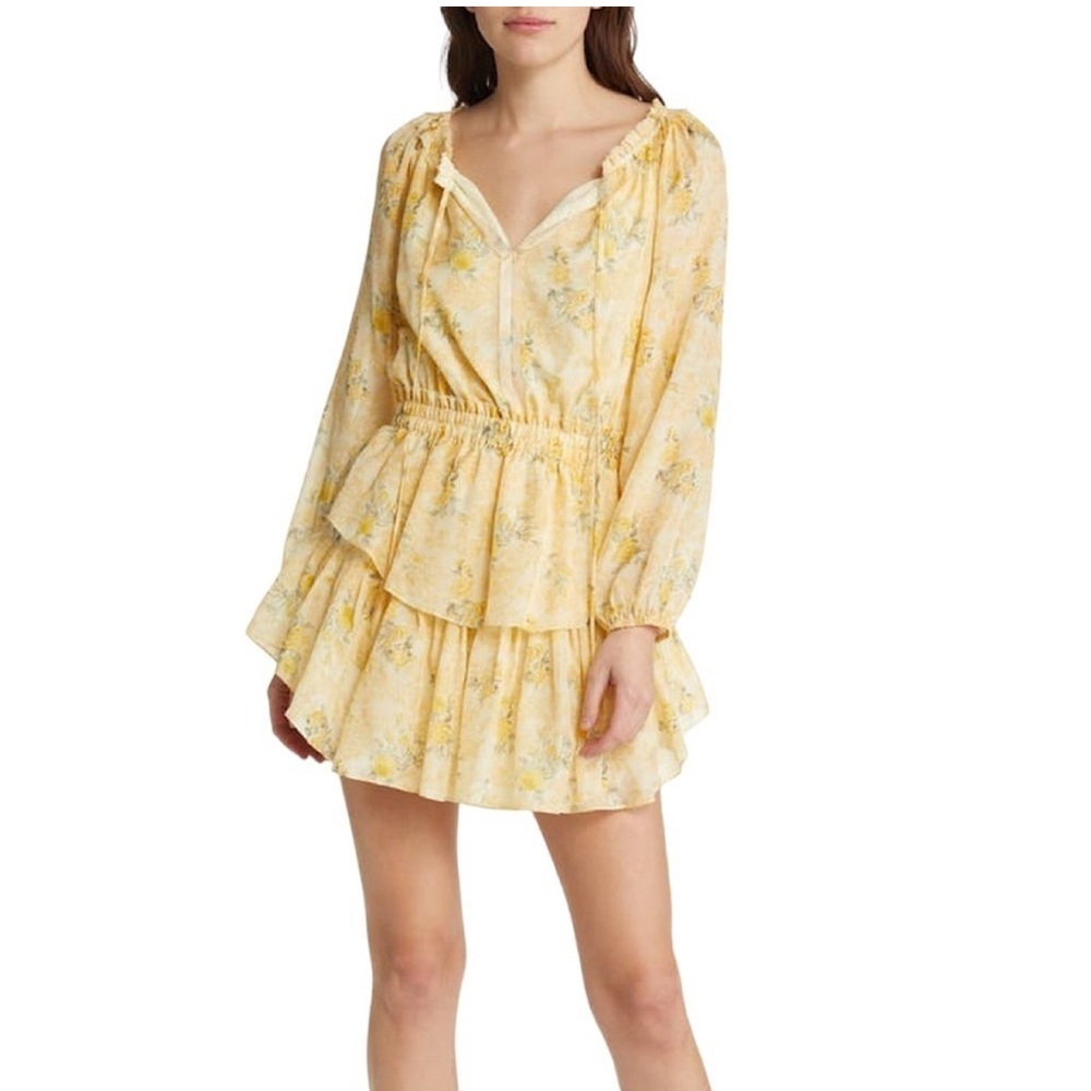 LoveShackFancy Yellow Floral Long Sleeve Ruffle Mini Dress